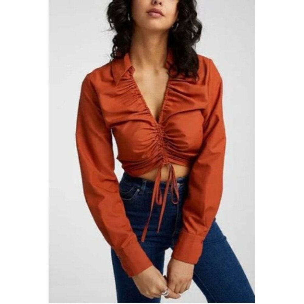 Milk & Honey Ruched Front Long Sleeve Blouse Button Cuffs XL Brown Polyester